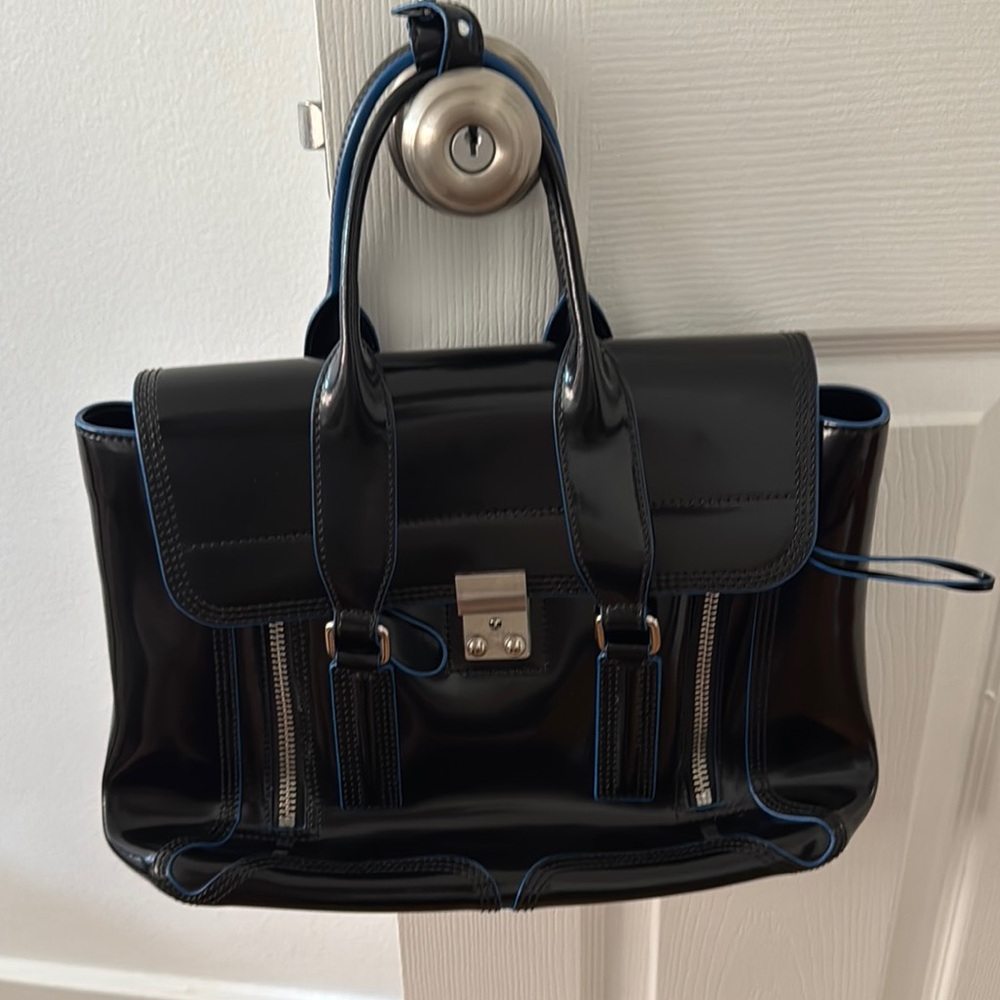 3.1 Phillip Lim Pashli Medium Patent Leather Black and Blue Satchel